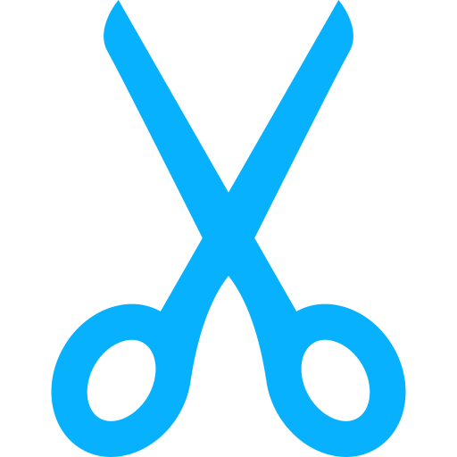 A pair of scissors with blue handles and blades crossed against a black background.