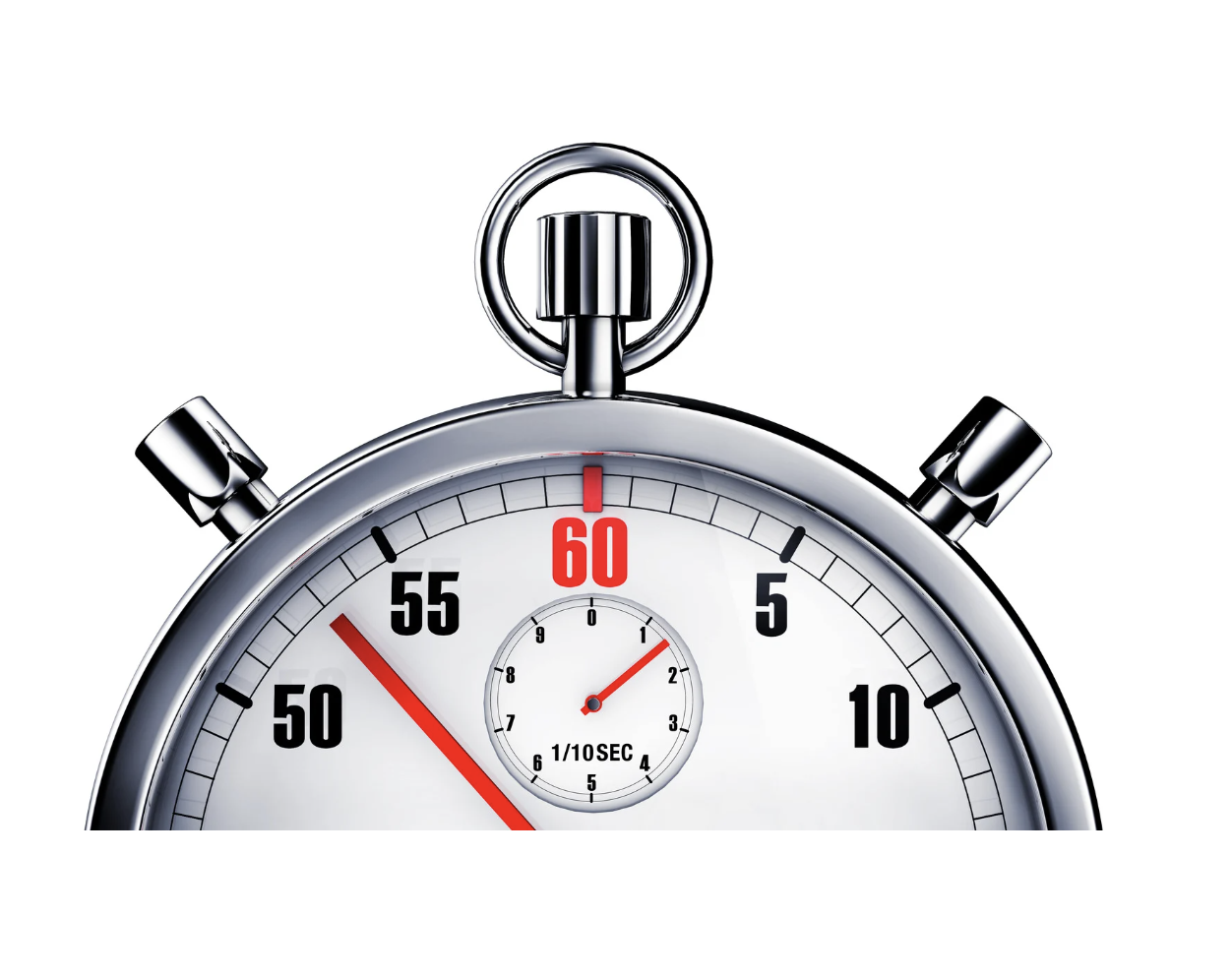Close-up of a silver stopwatch with a white face, showing about 55 seconds on the timer, and a smaller sub-dial for 1/10th of a second.