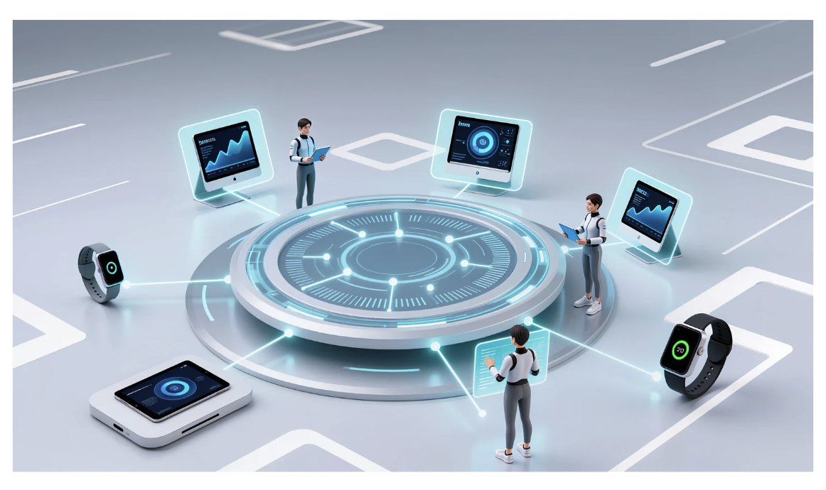 Futuristic digital technology setup with people interacting with screens, tablets, smartwatches, and a central circular digital interface.