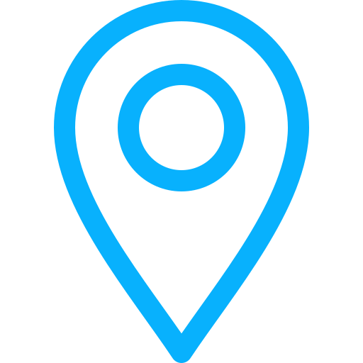 Blue map location pin icon on a black background.