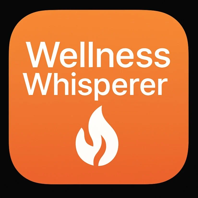 Orange app icon with white text reading "Wellness Whisperer" and a white flame symbol below the text.