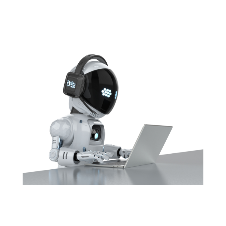 A robot with a humanoid shape, wearing a headset and working on a laptop at a desk.