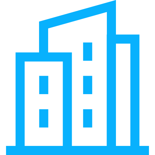 A blue stylized line drawing of multiple buildings or skyscrapers.