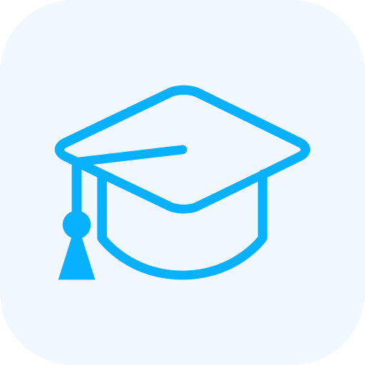 Blue graduation cap icon on a light background.