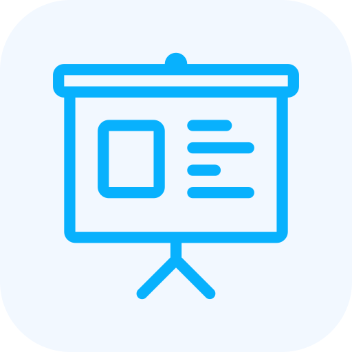 Blue presentation board with a rectangular graphic and three horizontal lines, placed on a stand.