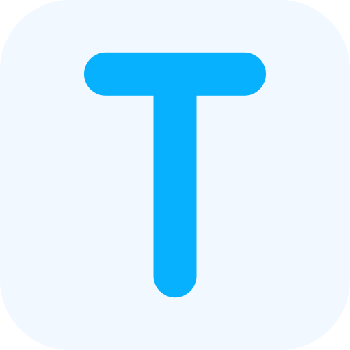 Blue letter 'T' on a light gray background.
