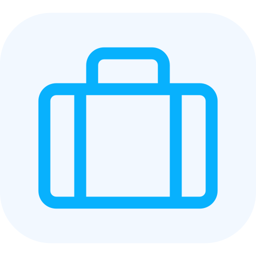 Icon of a blue suitcase or briefcase on a light gray background.