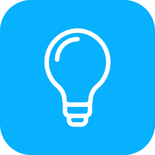 Blue square icon with a white outline of a light bulb in the center.