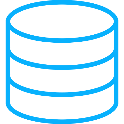 Icon of a database with three stacked disks in black and blue outline.