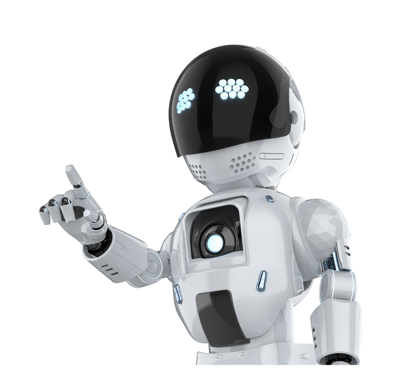 A white humanoid robot with a black visor on its head is pointing with its index finger.