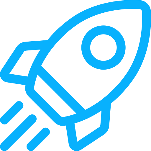 Blue rocket icon with dashed lines indicating motion.