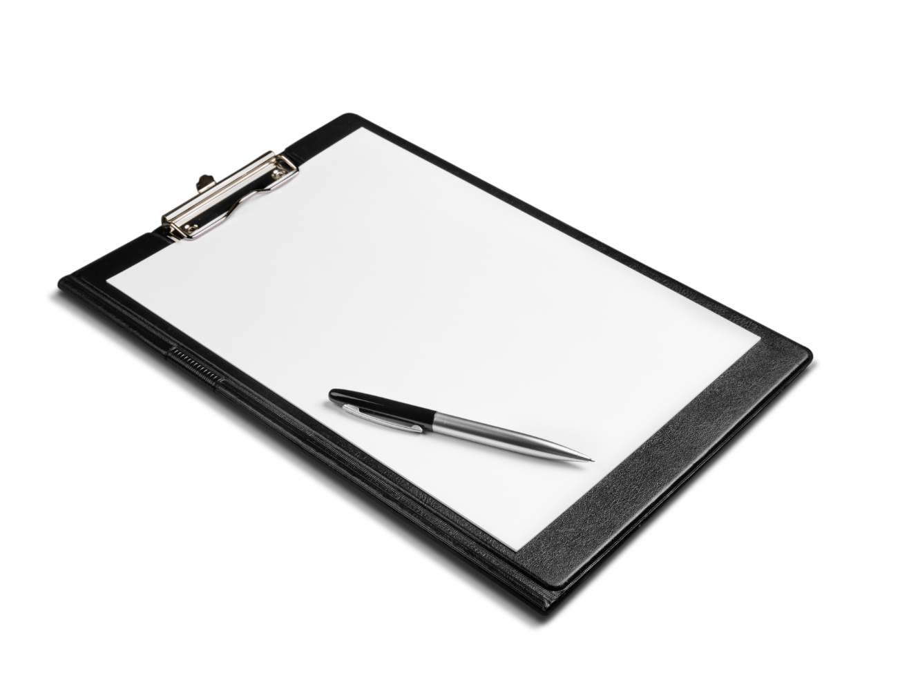 Clipboard with blank sheet of paper and black-and-silver pen on white background.