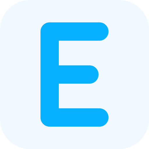 Blue letter 'E' on a light gray background.