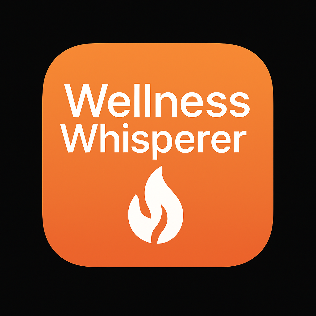 App icon with orange background featuring white text that reads "Wellness Whisperer" and a white flame symbol below the text.