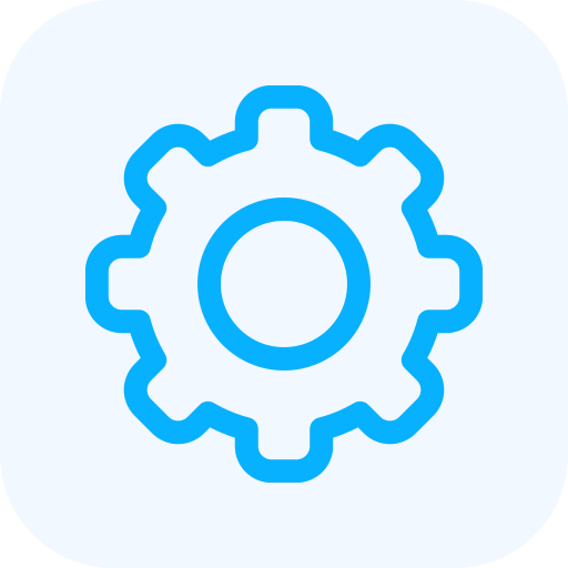 An icon of a blue gear or cogwheel on a light background.