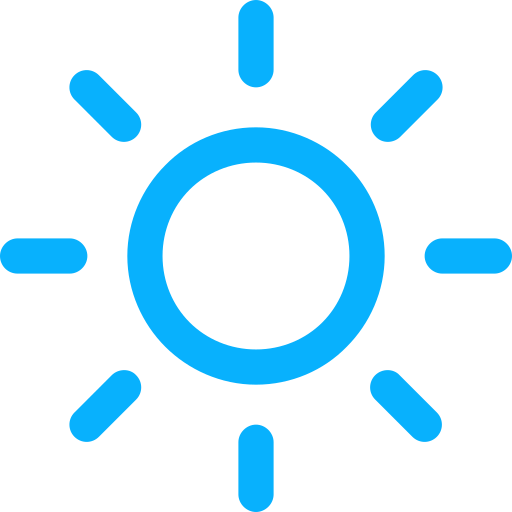 Blue sun icon with rays on a black background.