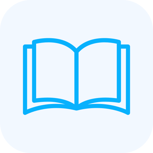 Outline of an open book in blue on a light background.