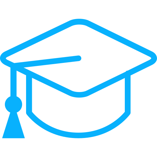 Blue neon graduation cap icon on black background.