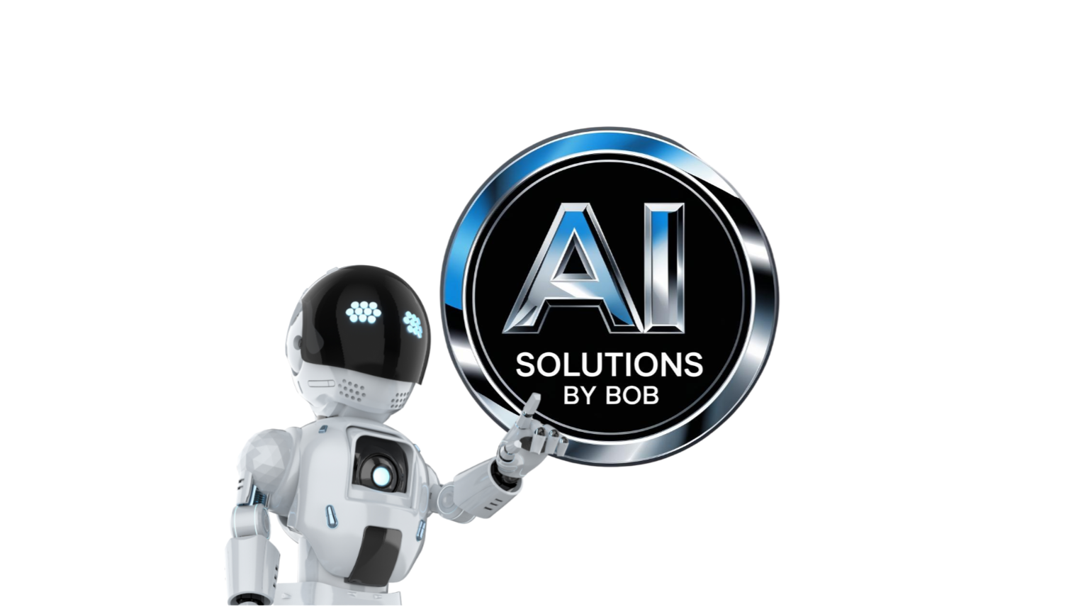 A robot with a black circular head featuring blue glowing eyes, pointing at a large circular logo that reads 'AI SOLUTIONS BY BOB' with a futuristic design.
