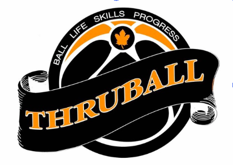 Logo for ThruBall featuring a basketball with a ribbon banner and a maple leaf, with text emphasizing life skills and personal progress.