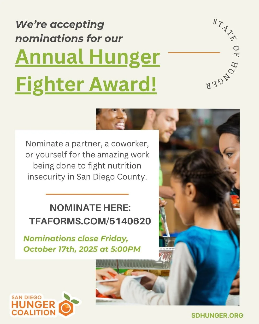 π Hunger Fighter Award Nominations CLOSE TOMORROW! π
Know someone making a powerful impact in the fight against nutrition insecurity in San Diego County?
We’re accepting nominations for our Annual Hunger Fighter Award, to be presented at th