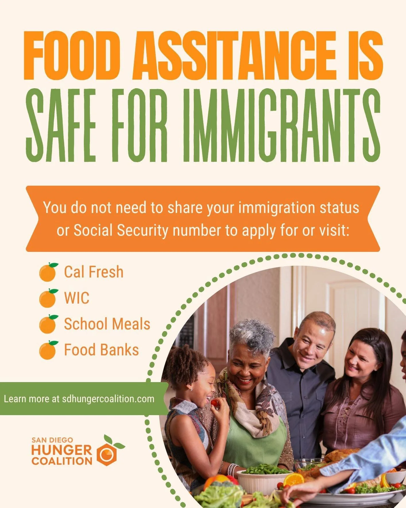 Everyone deserves access to healthy food — without fear. π
Getting food help won’t affect your immigration status or count against you under public charge.
Todas las personas merecen acceso a alimentos saludables, sin miedo. π
Recibir