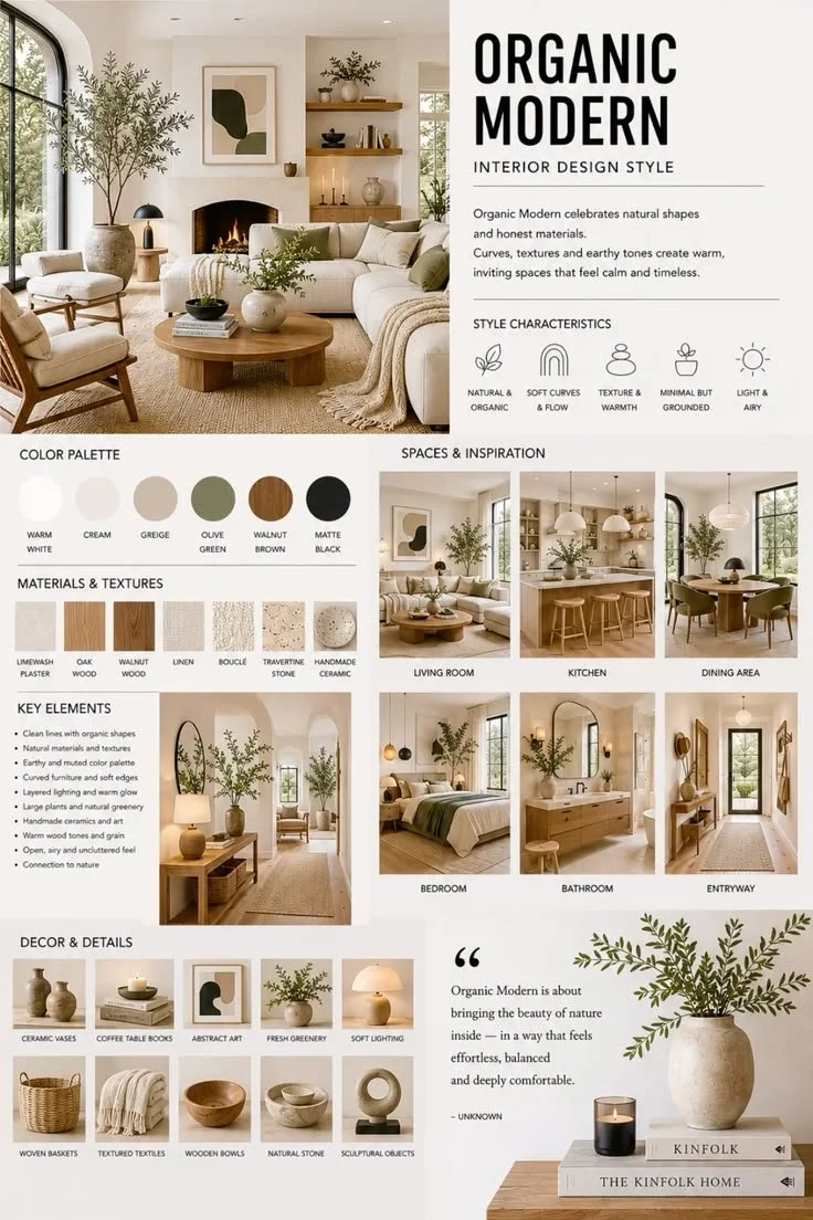 Interior design style board of organic modern decor featuring a living room with neutral colors, natural textures, and plants, along with kitchen, dining, bedroom, bathroom, and entryway images, and various decor elements like vases, baskets, and art.