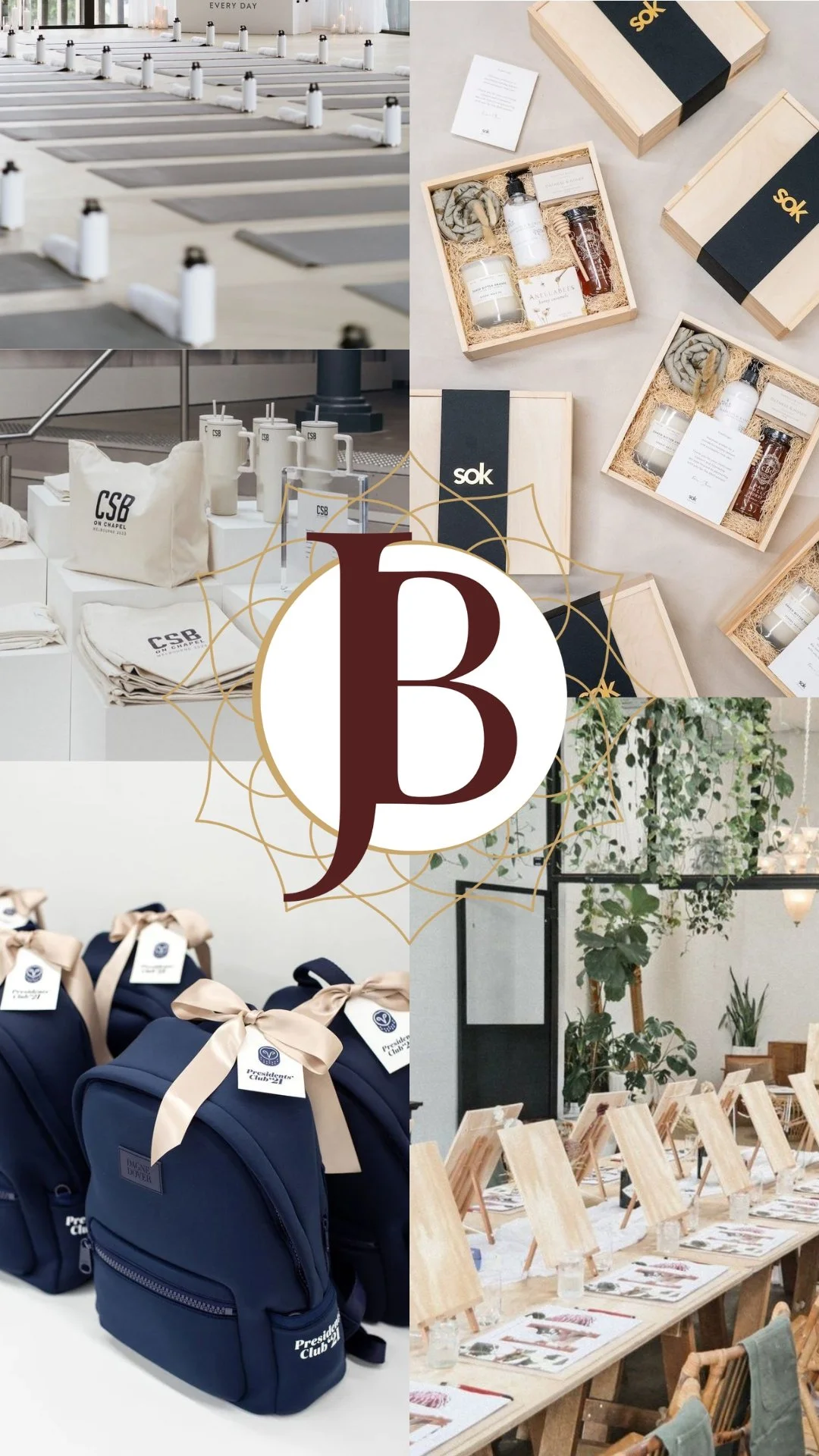 Collage of event planning images including yoga mats with water bottles, gift boxes with skincare products, navy backpacks with ribbons, event table setting, merchandise with 'CSB' logo, and interior view with tables and greenery.