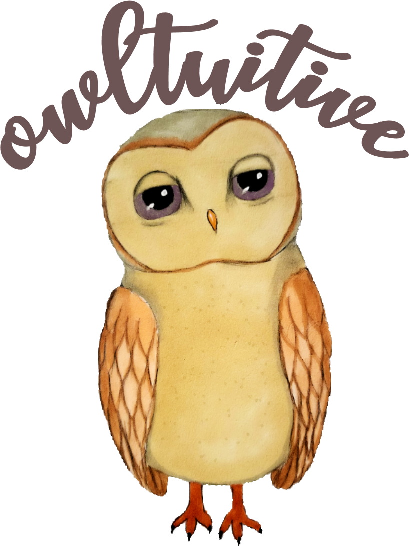 Art marker illustration of an owl with large purple eyes and a sleepy expression, with the word 'owltuitive' written above in cursive font.