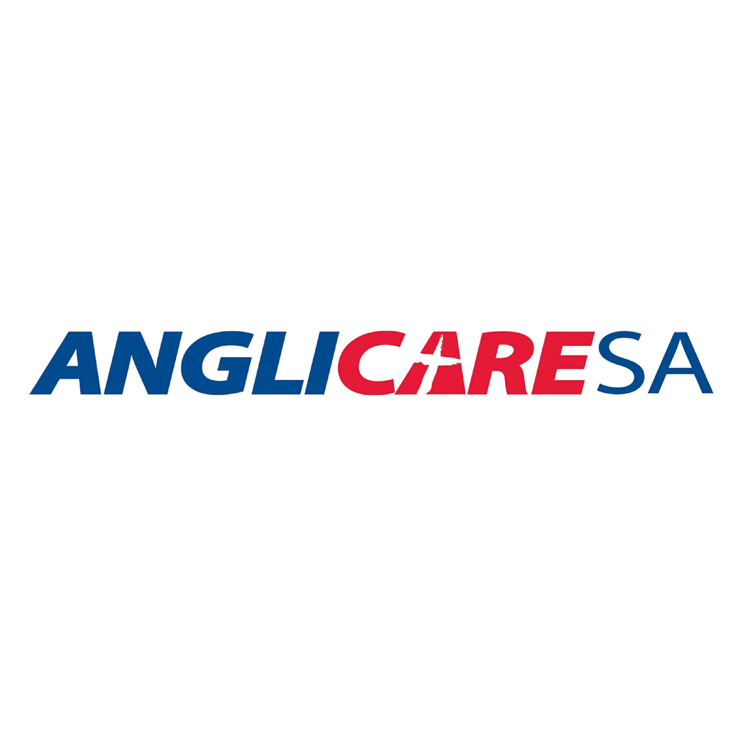 Logo with the text "AngliCaresa" in blue and red colors, with a stylized letter 'A'.