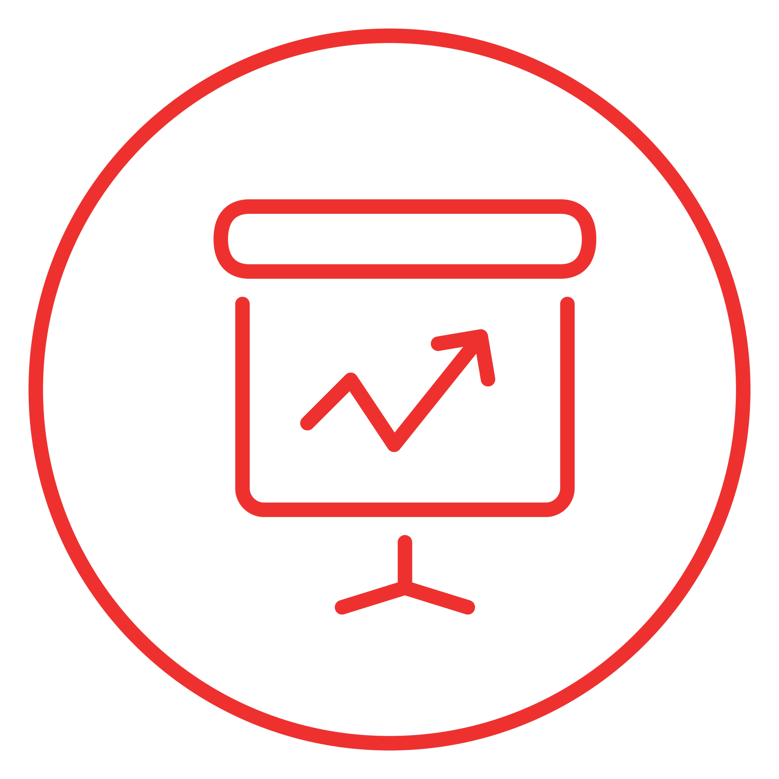 Red outline of a presentation board with an upward trending arrow, enclosed in a red circle.
