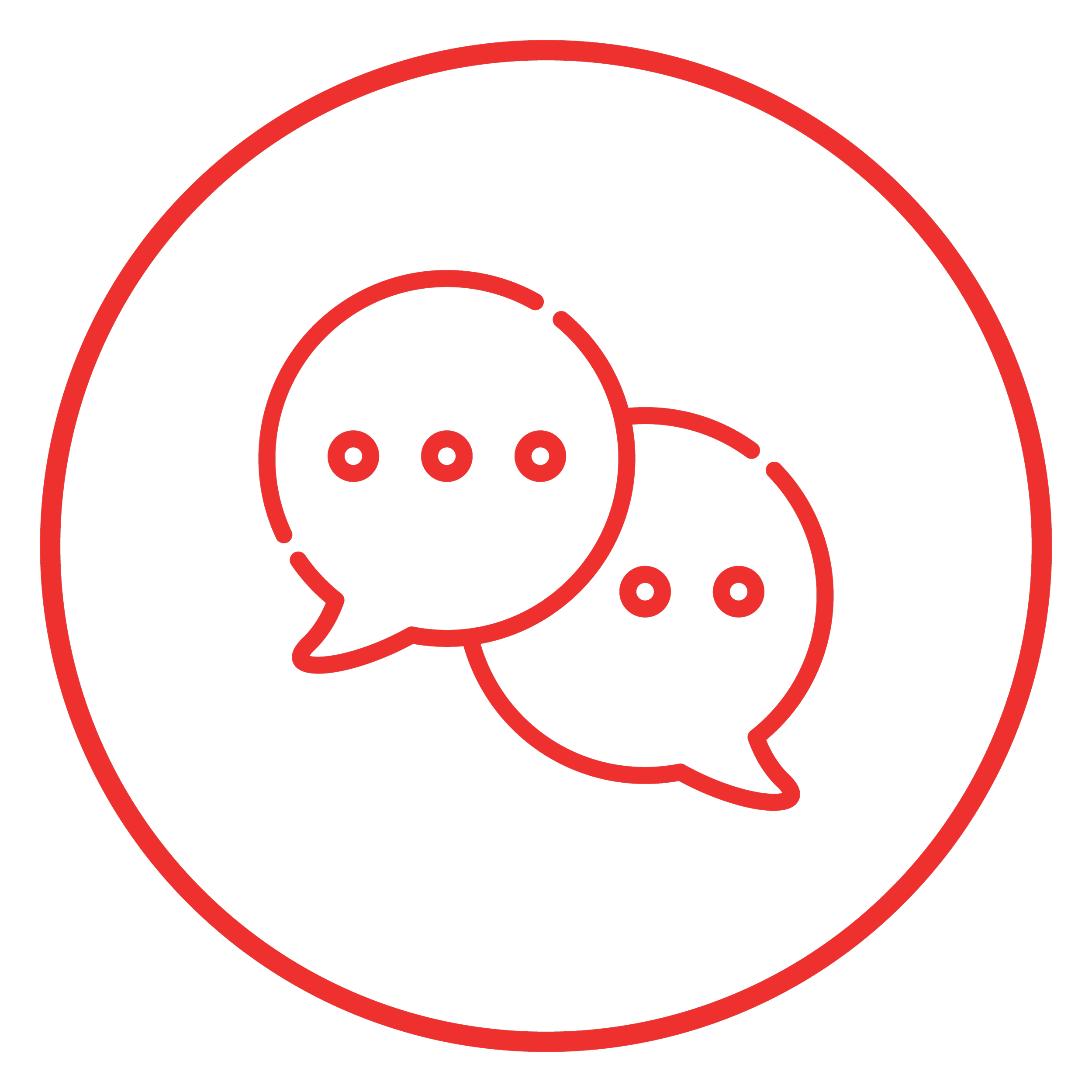 Red neon outline of two speech bubbles inside a red circle, on a black background.