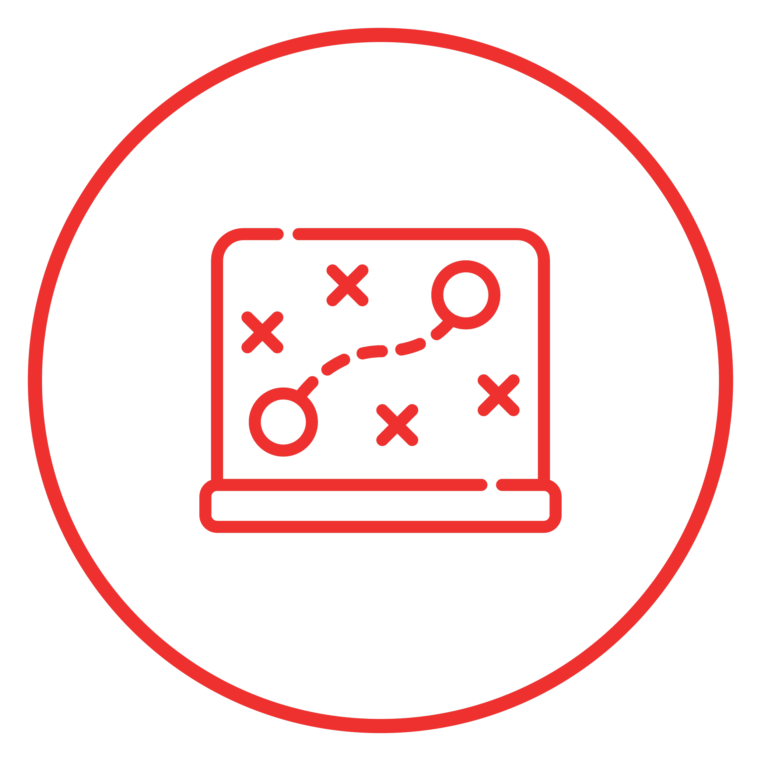 Red outline of a strategy or game plan diagram with X's, O's, and a dashed line connecting them inside a rectangle on a black background.