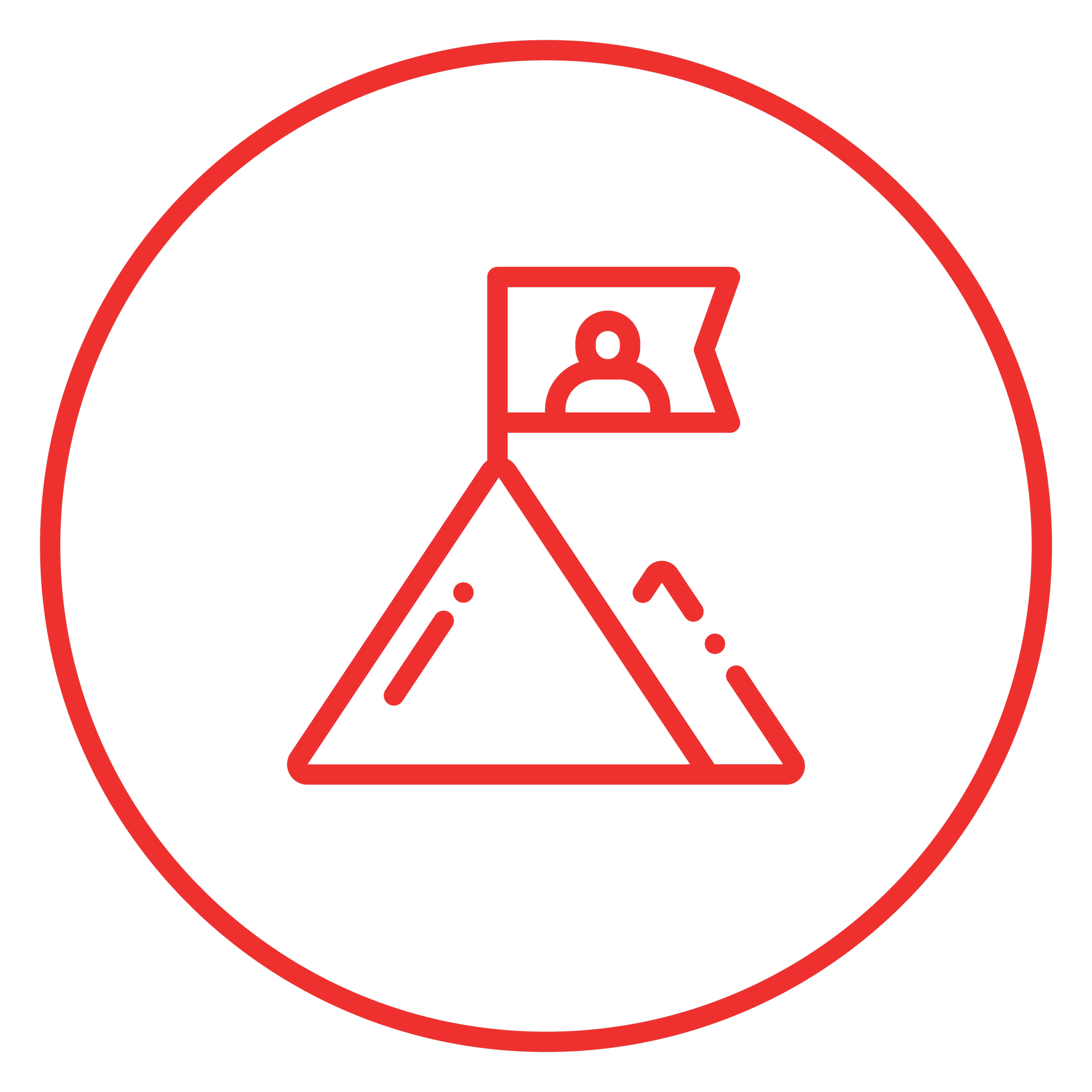 Minimalist line art icon of a mountain with a flag featuring a person, all enclosed in a red circle.