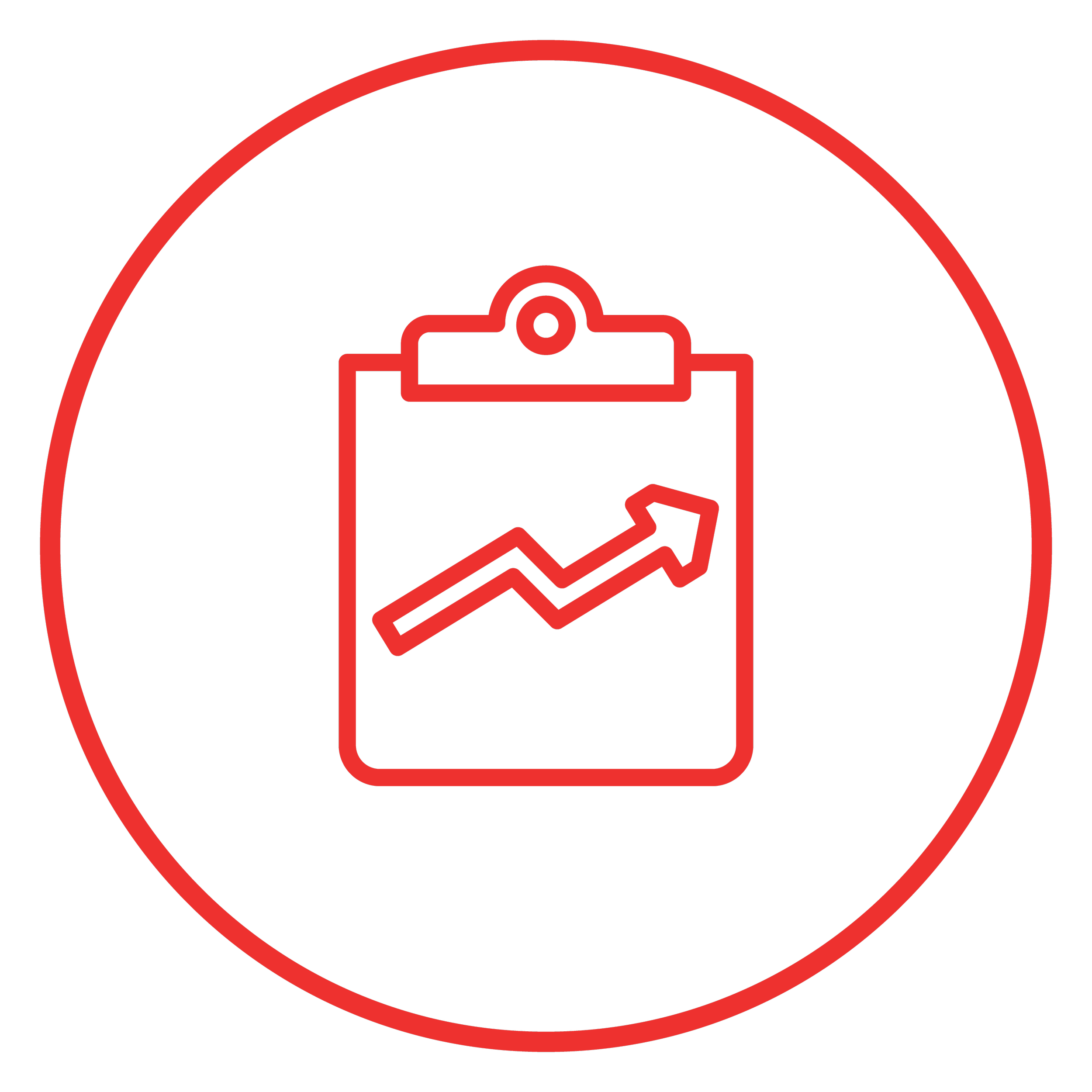 Red outline of a clipboard with an upward trending arrow on a black background, inside a red circle.