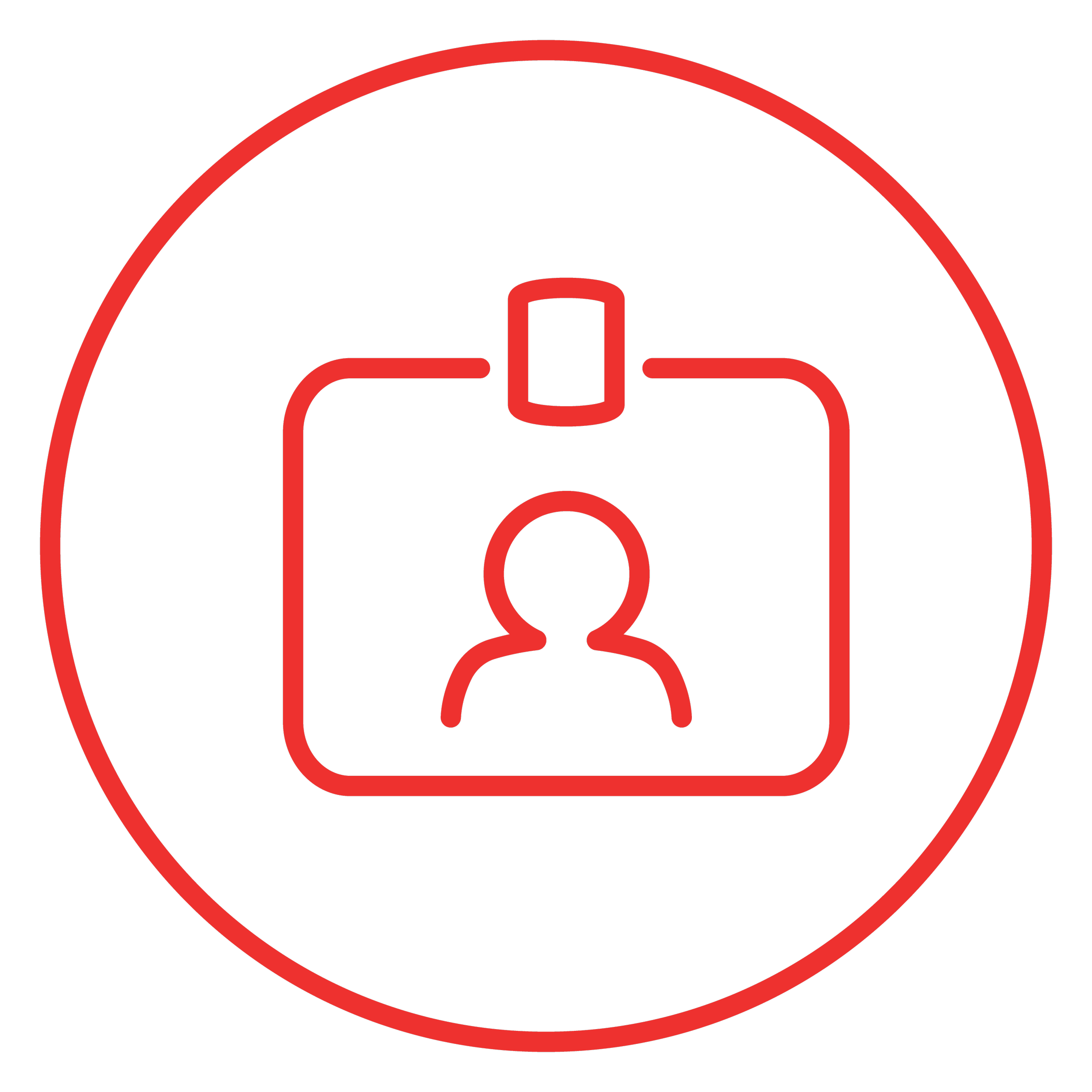 Red and black icon of a badge with a person's silhouette and a camera above it.