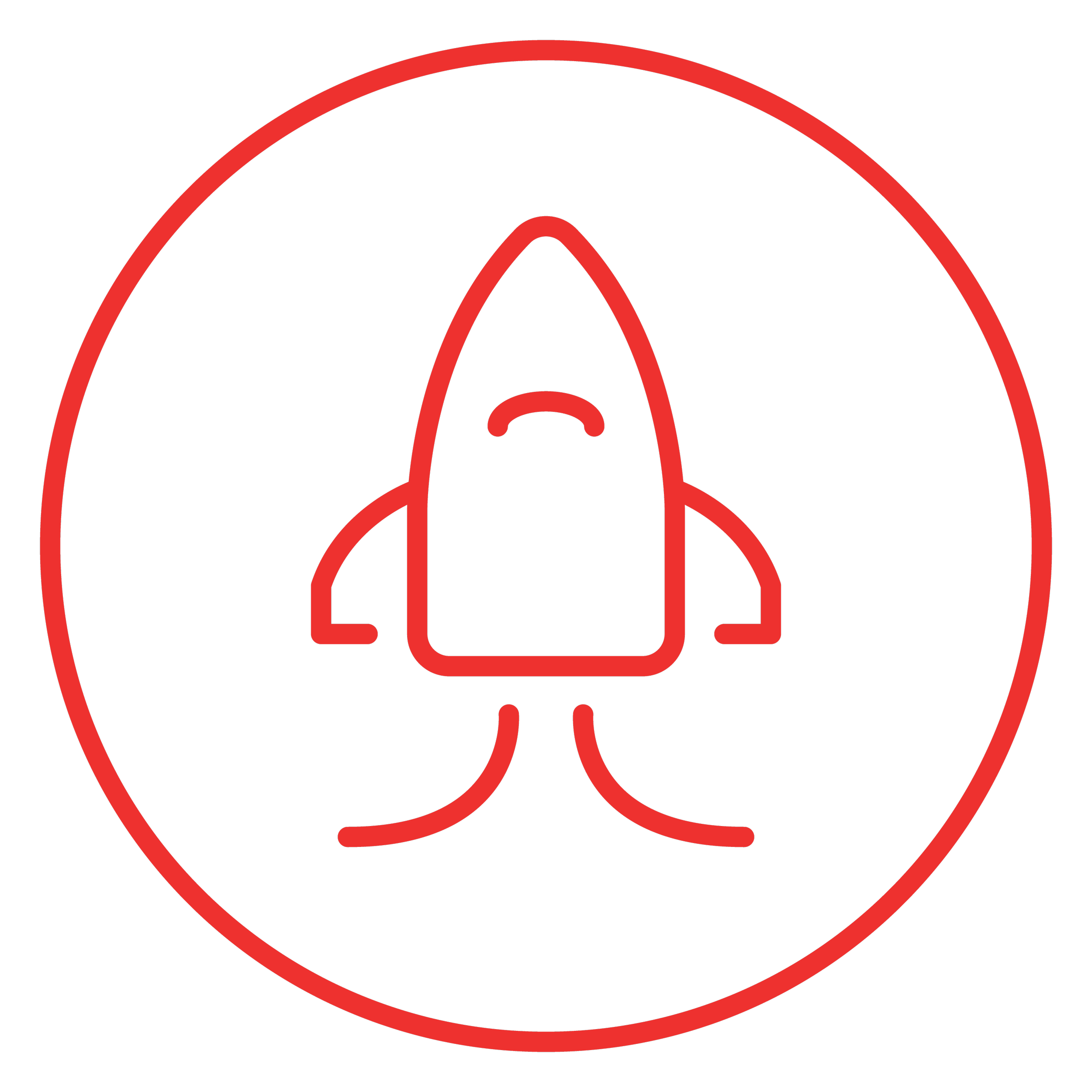 Red outline drawing of a rocket inside a red circle on a black background.