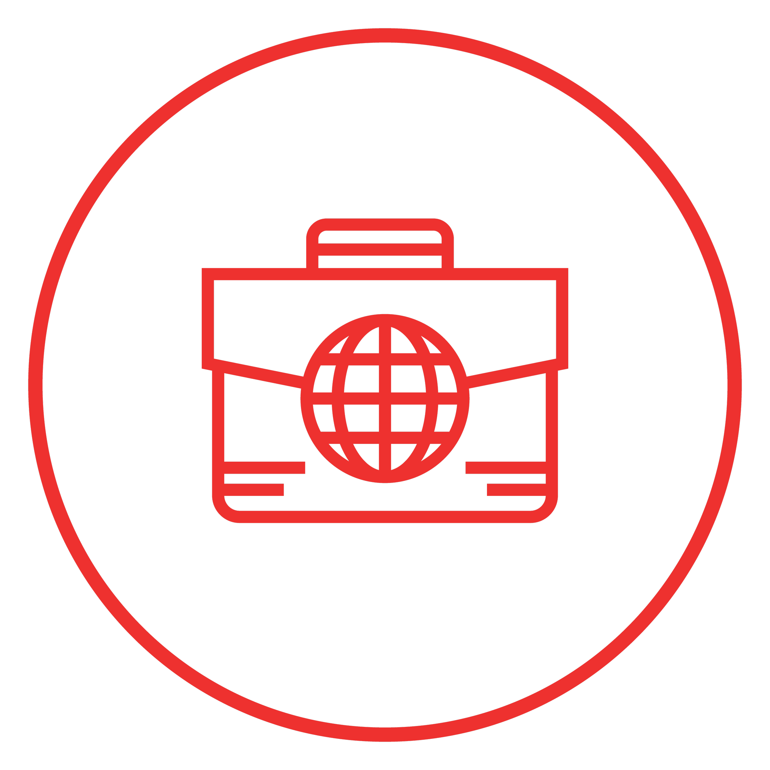Red outline icon of a briefcase with a globe symbol in the center, enclosed in a red circle on a black background.
