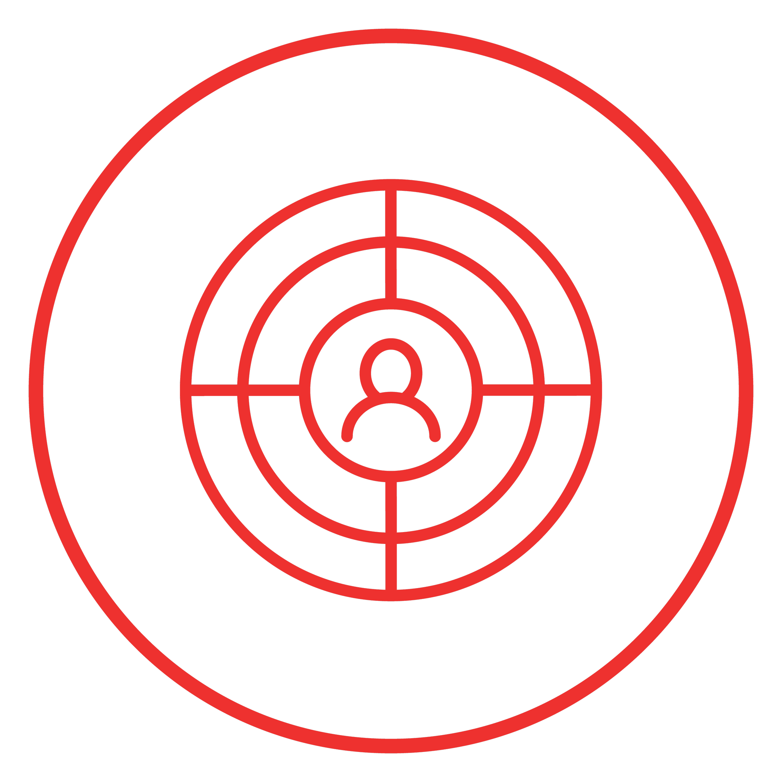 Target with a human icon in the center, surrounded by concentric circles and crosshairs, in red on a black background.