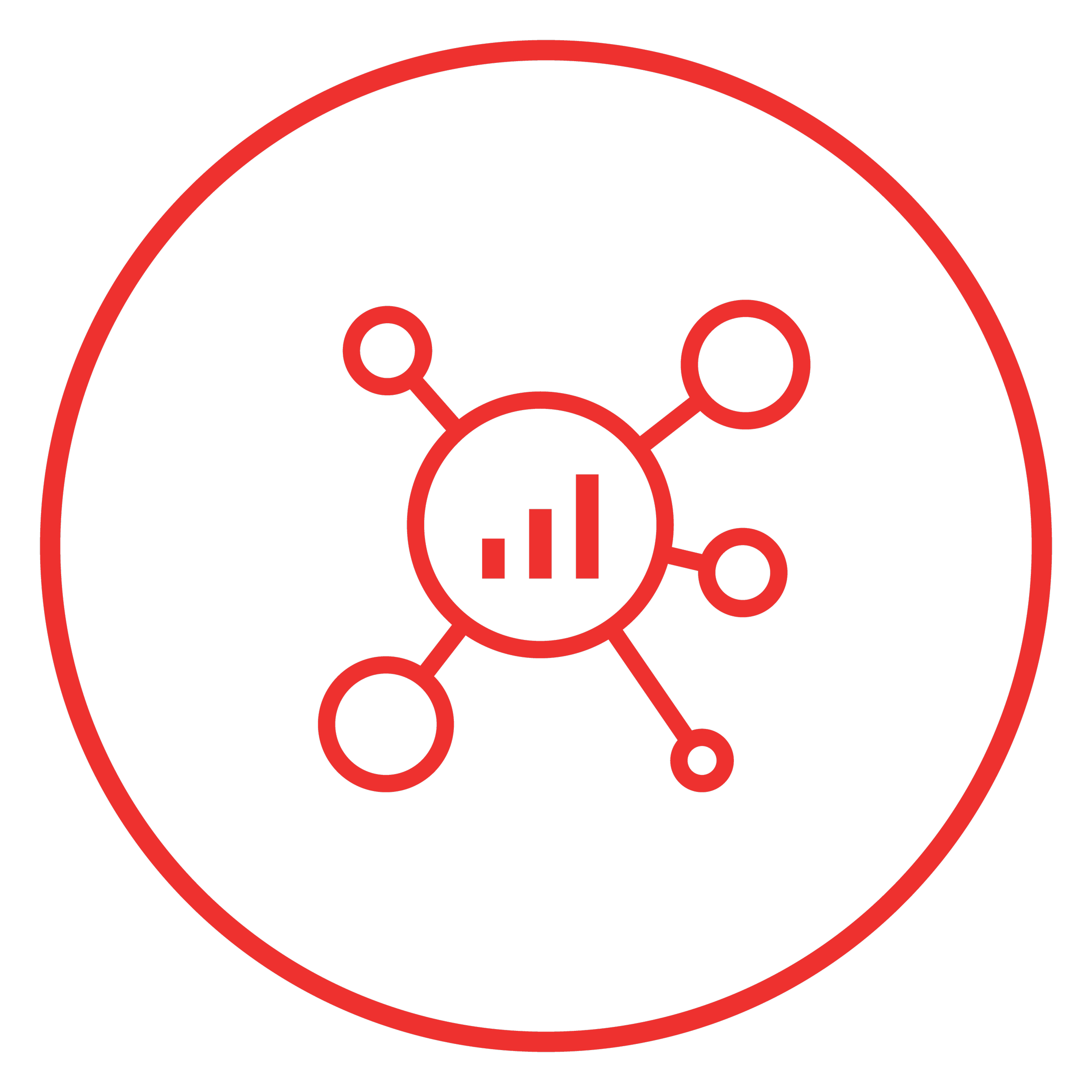 Red and black icon of a network with a central circle containing a bar chart, connected to six surrounding circles, all enclosed in a larger red circle.