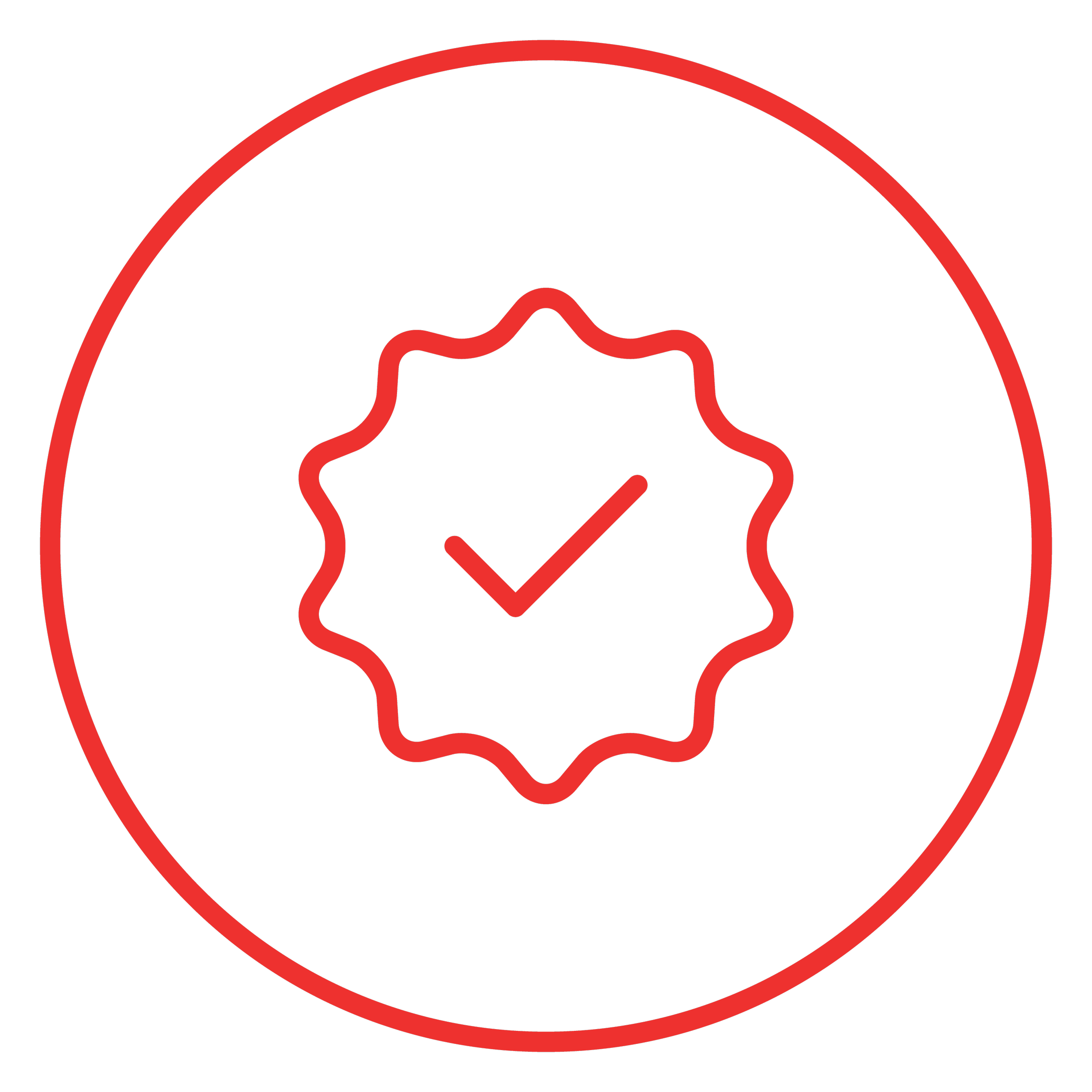 A red outline of a badge with a checkmark inside, suggesting certification or approval.