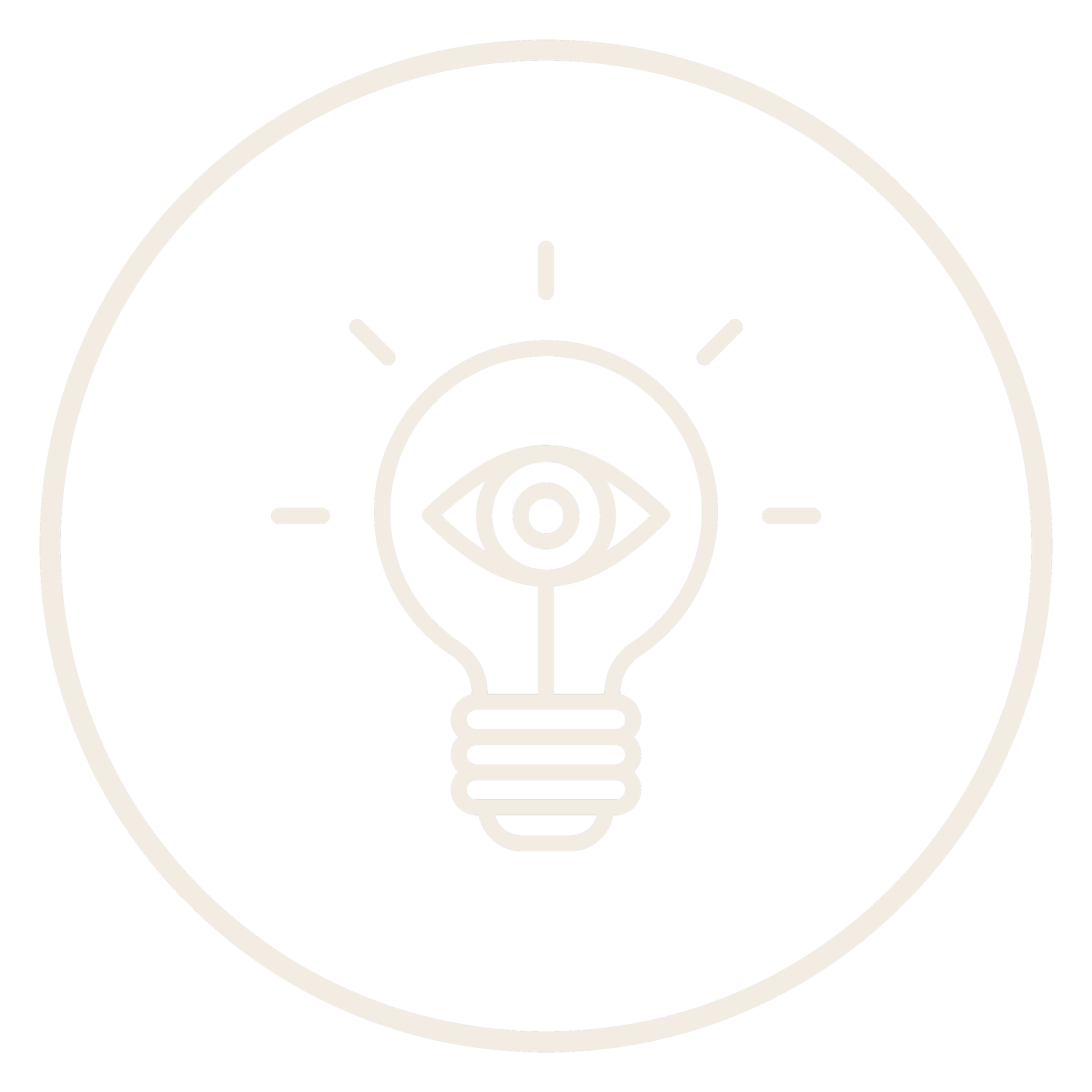 Line drawing of a light bulb with an eye inside it, radiating light or ideas, enclosed in a circle.