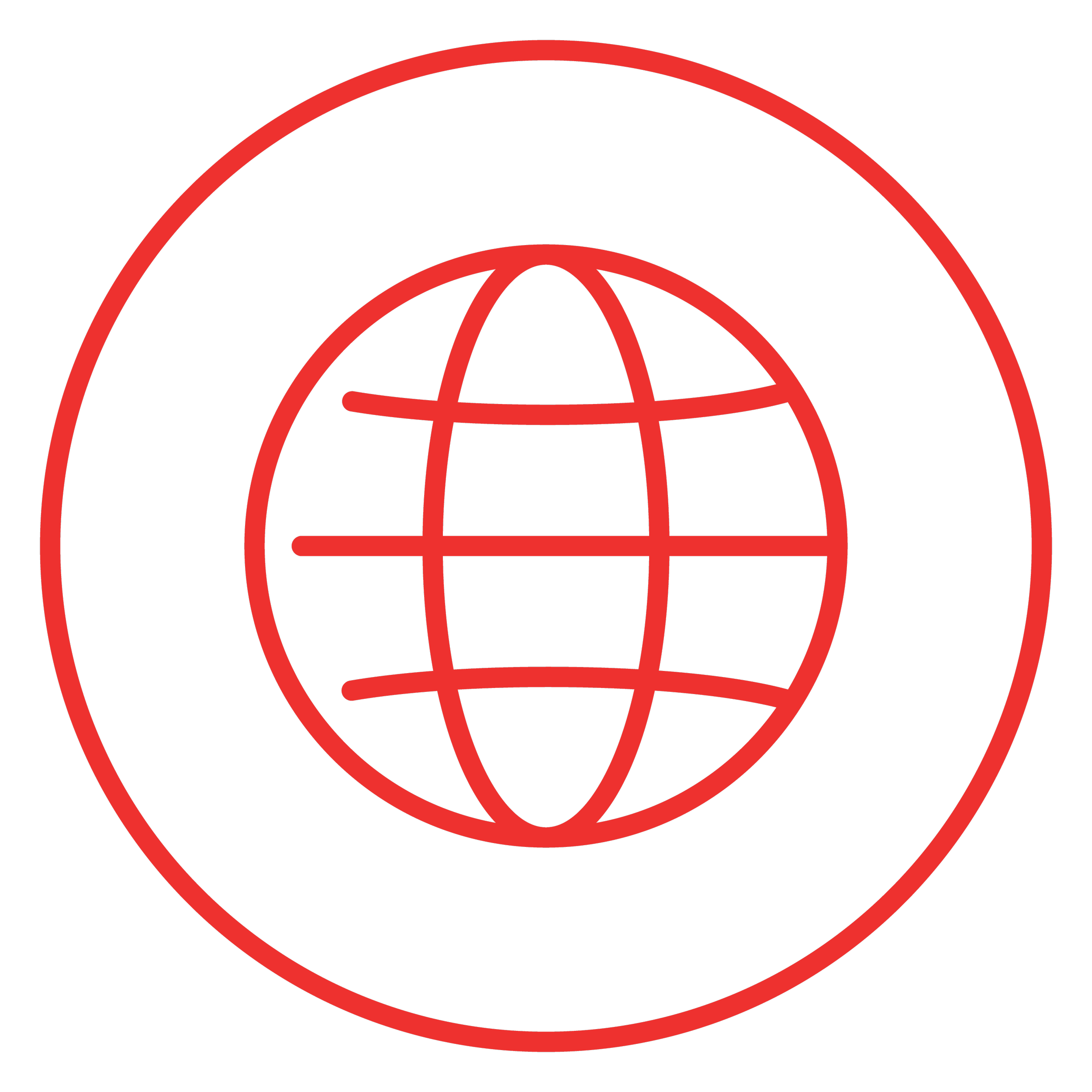 Red outline of a globe with a grid pattern inside, enclosed by a larger circle, on a black background.