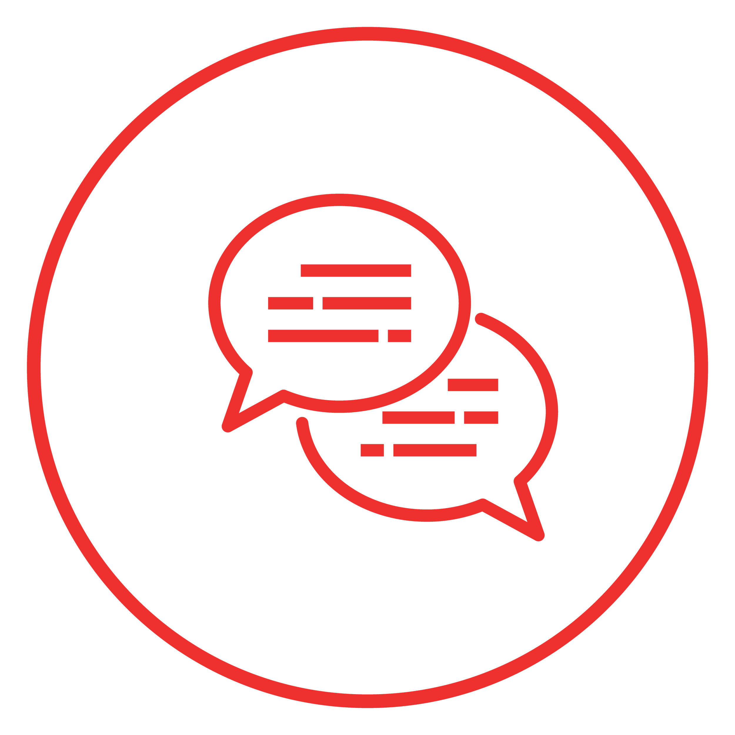 Red outline chat bubble symbols inside a circle on a black background.