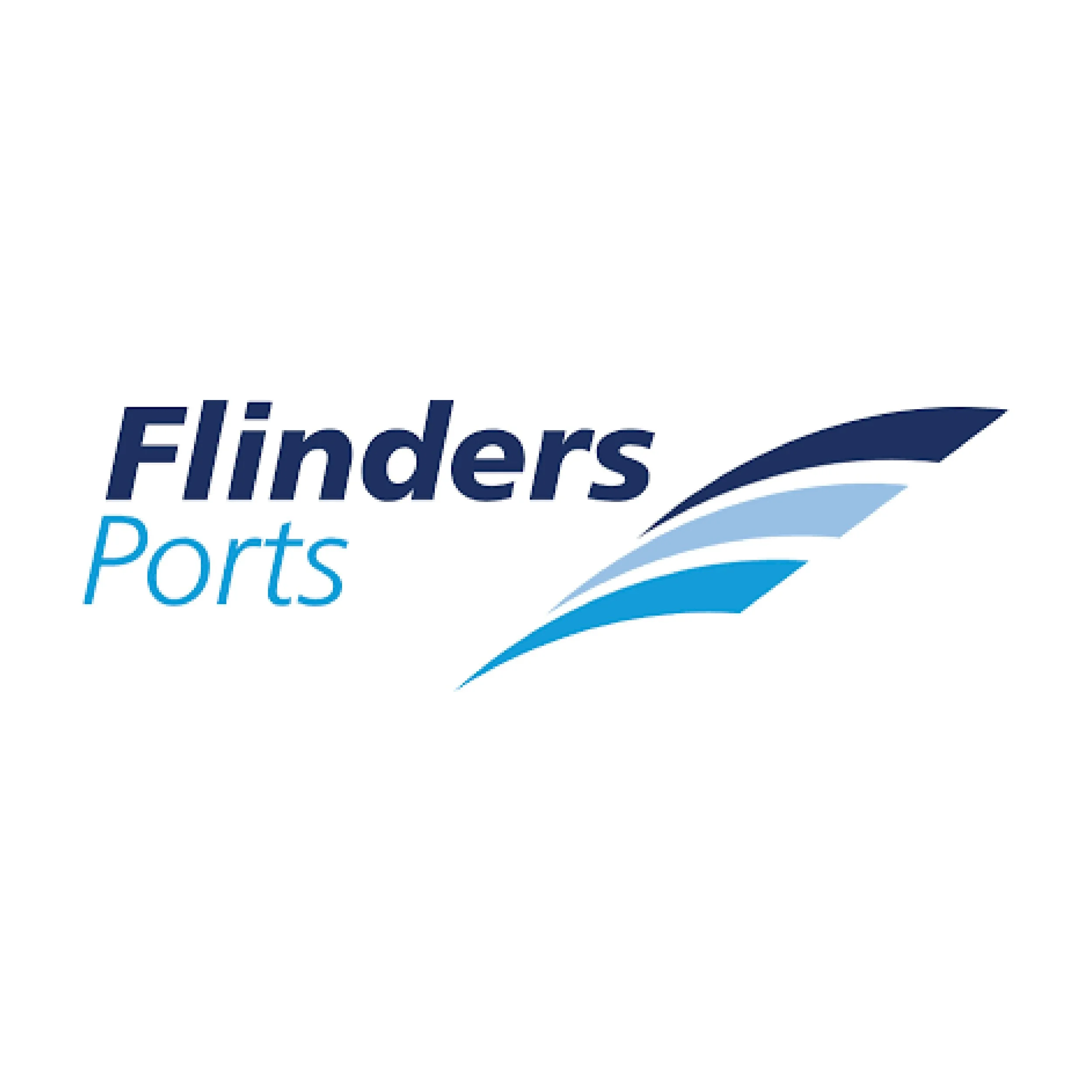 Logo of Flinders Ports with the company name and stylized graphic of three blue and dark blue lines resembling a port or ship.