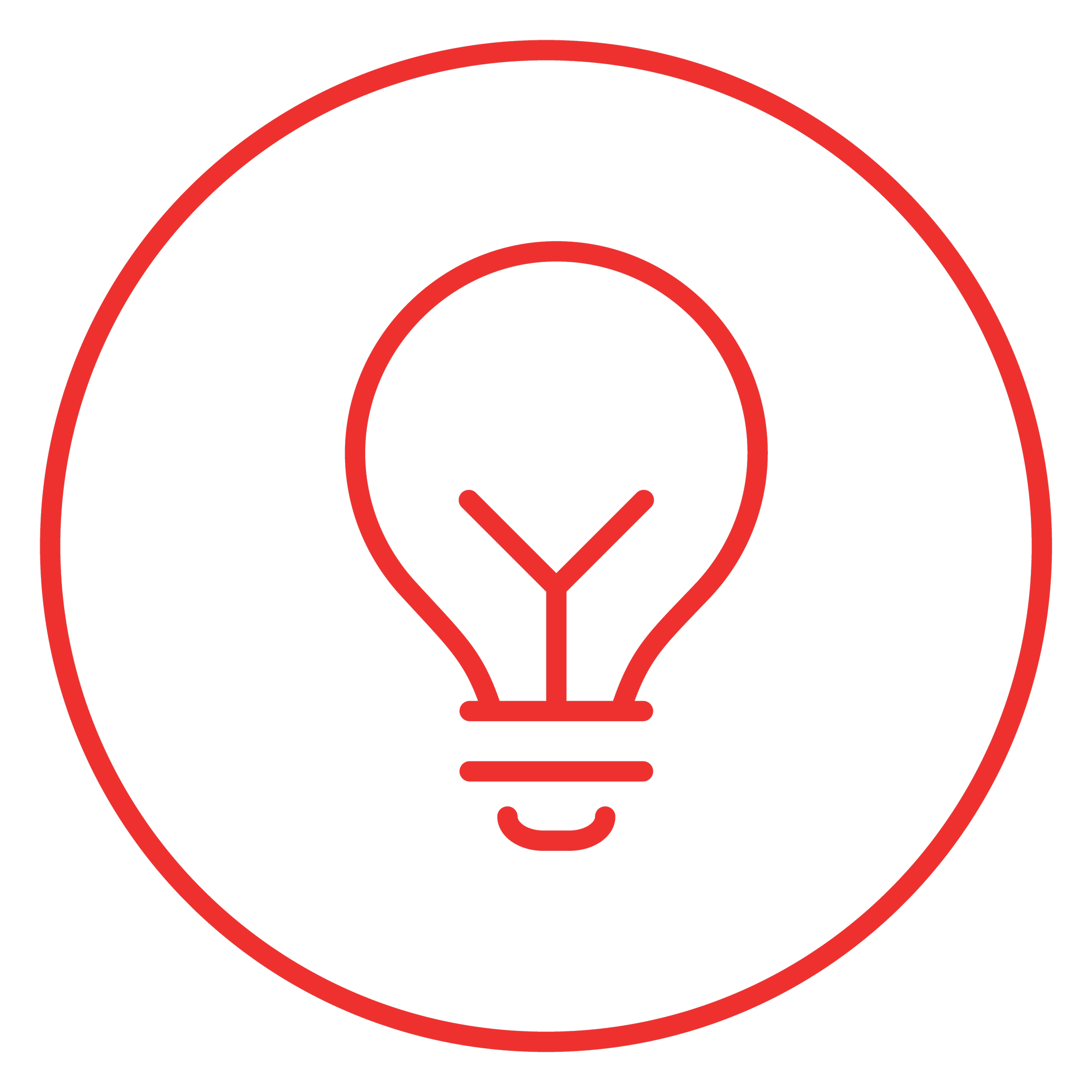 Red outline of a lightbulb inside a circle on a black background.