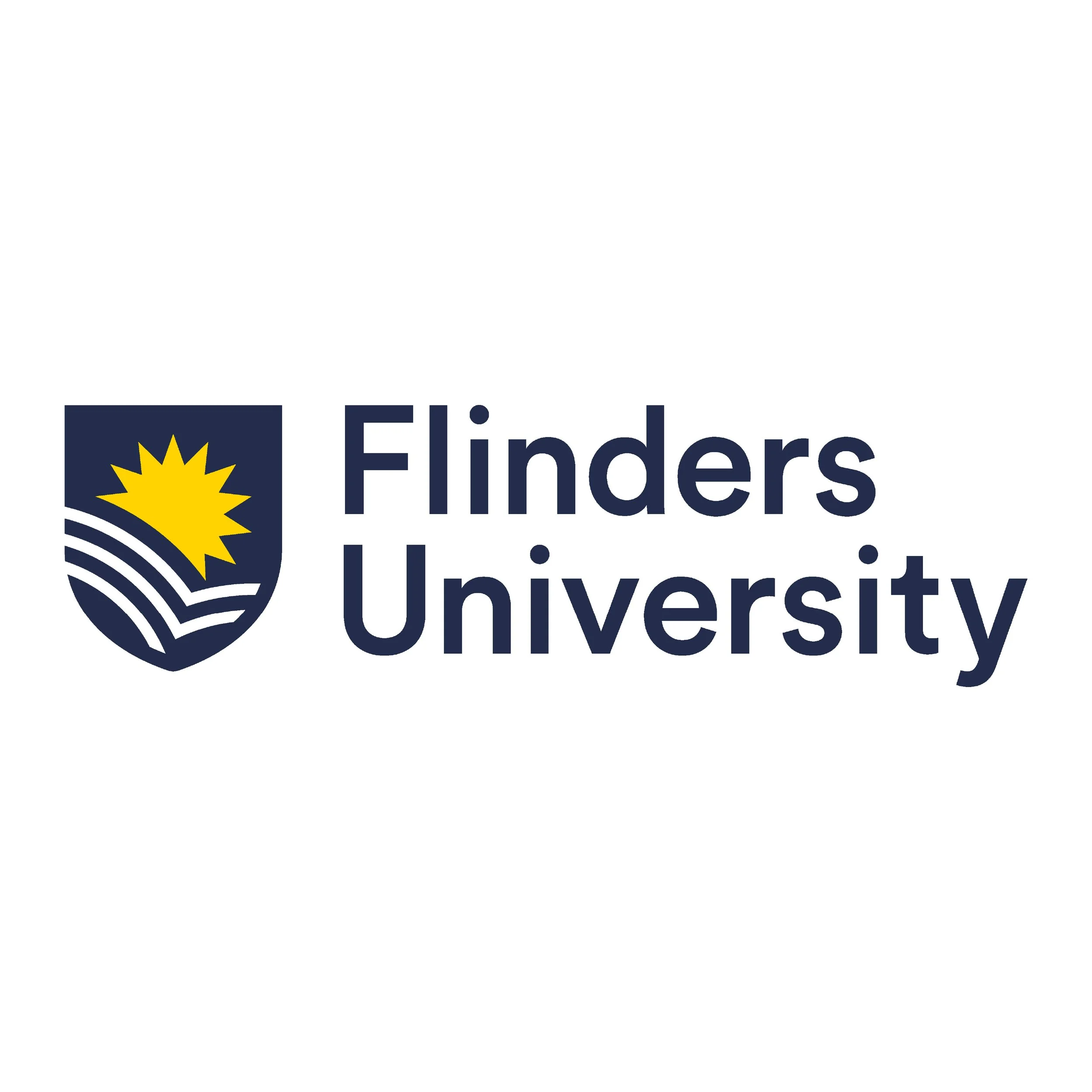 Logo of Flinders University with a navy blue shield, a yellow sun, and white lines representing waves, next to the university name in navy blue text.
