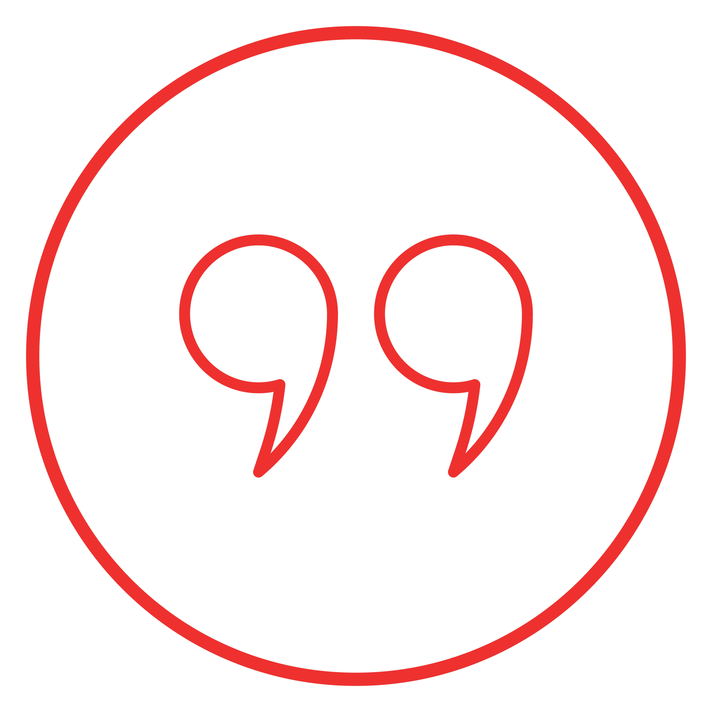 Red neon outline of quotation marks inside a red circle on a black background.