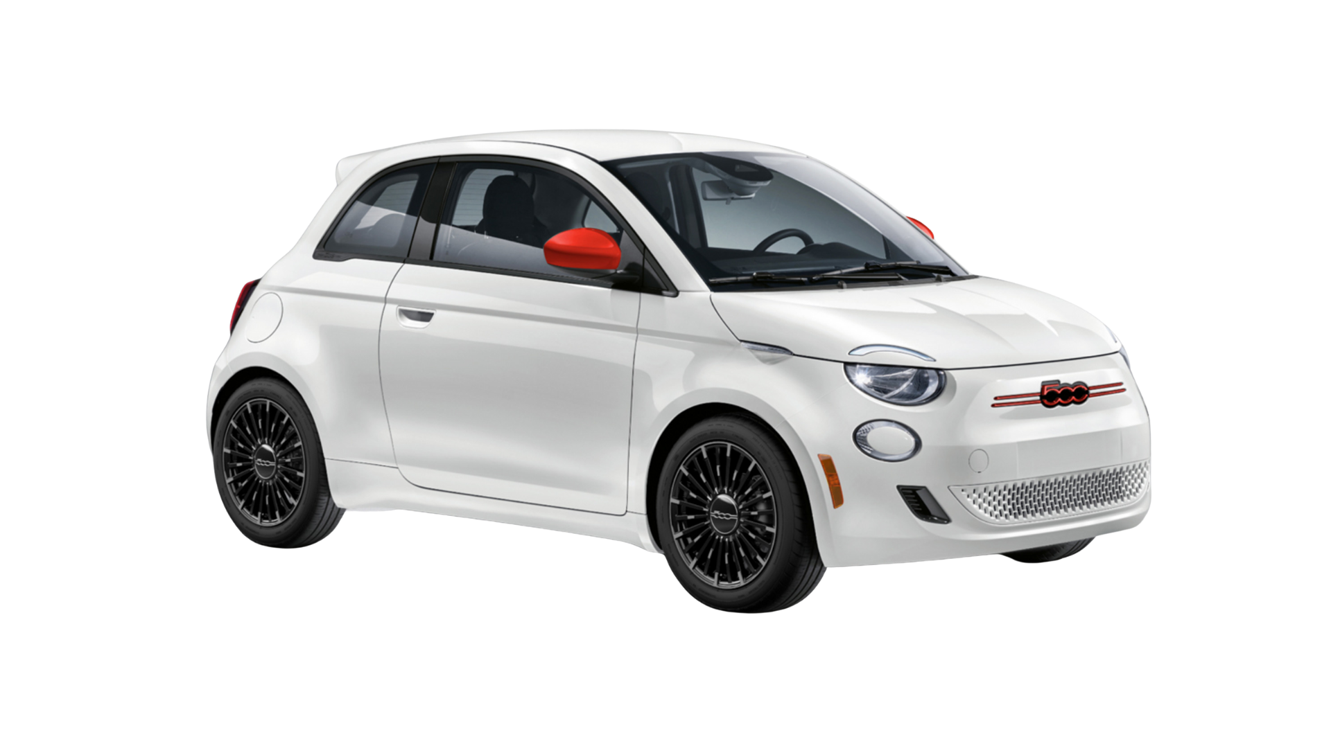 White compact electric car with black wheels, red accents on mirrors and logo, and distinctive front grille.