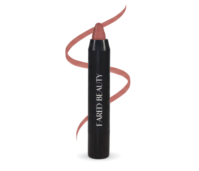 A lip crayon with a pinkish nude shade, standing vertically with a wavy line of the same color around it, against a white background.